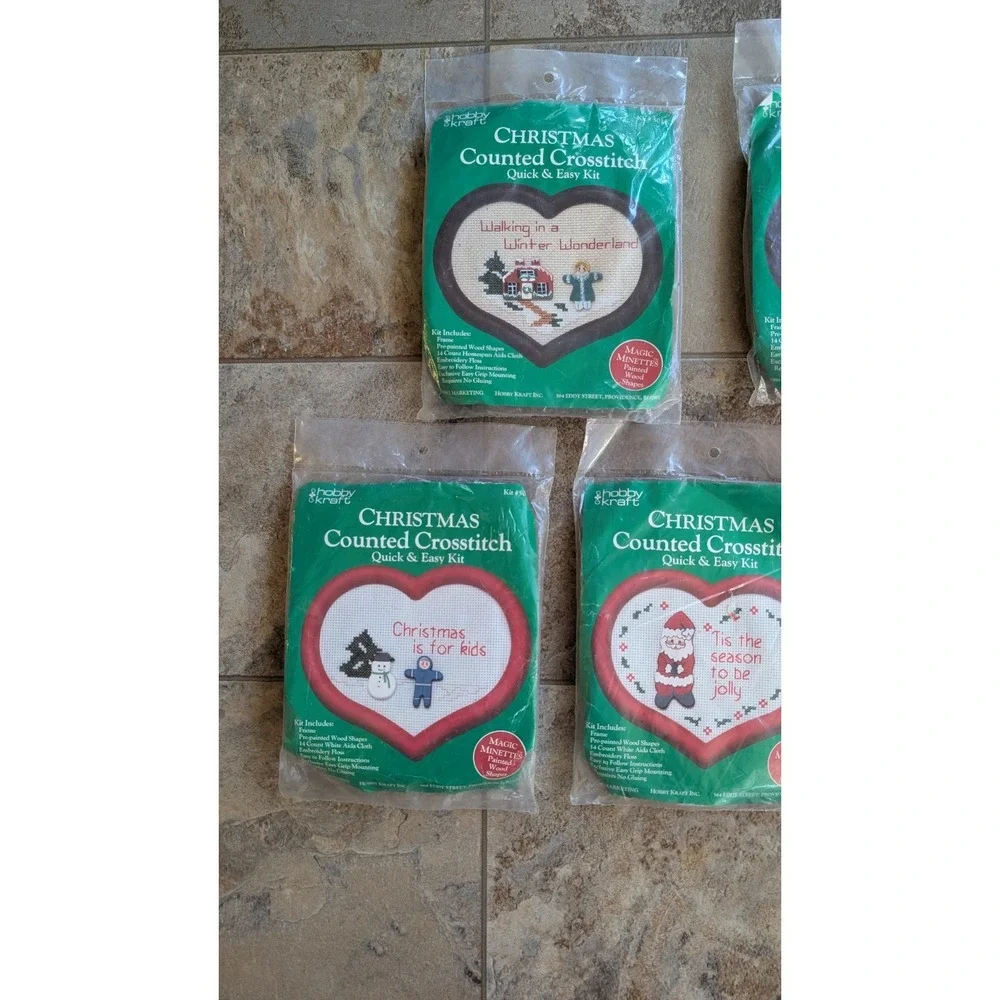 Lot 5 Hobby Kraft Christmas Counted Cross Stitch Kit Heart Frame Santa Snowman